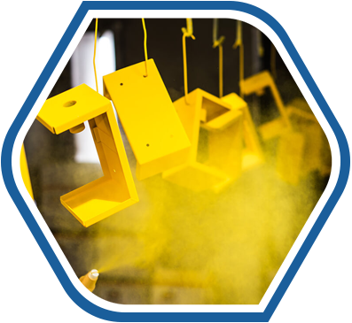 Industrial components being sprayed with yellow paint, representing the precision and quality involved in the production process of industrial raw material supplies.